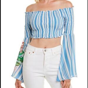 Rococo Sand Blossom Floral Bell Wide Sleeve Smocked Body Crop Off Shoulder Top